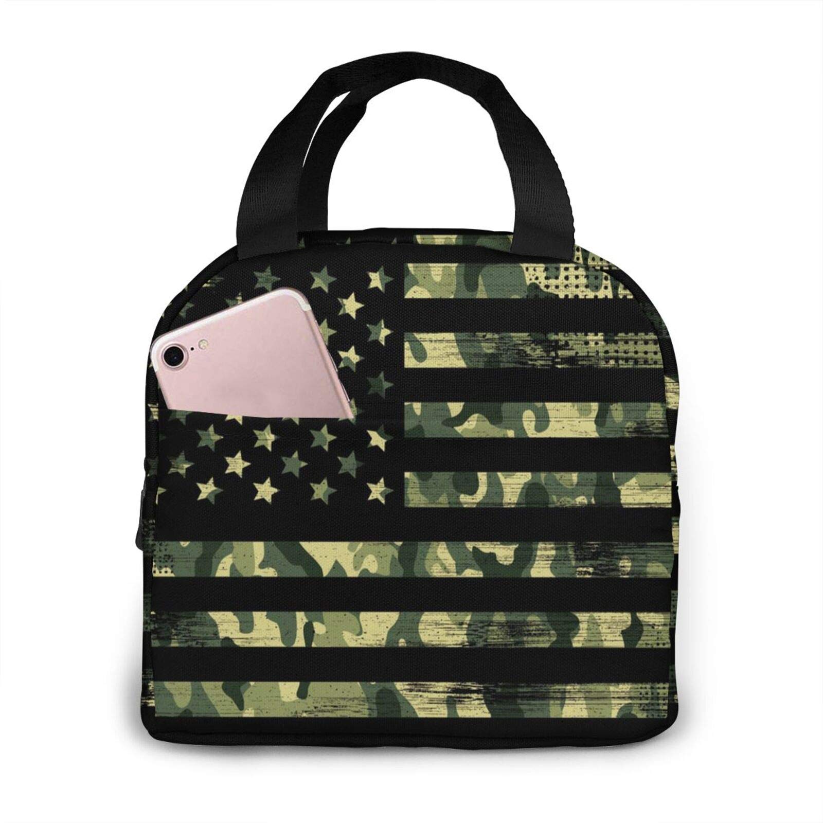 American Flag With Green Camo Lunch Bag Insulated Water-Resistant Tote Bag Reusable Lunch Box For Picnic Travel