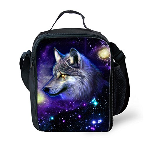 Dellukee School Lunch Bag For Kids Soft Boys Girls Adjustable Shoulder Strap Durable Handbag Tote Bag Reusable Insulated Lunch Box With Zipper Starry Sky Wolf Print