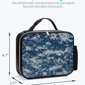 Lunch Bag for Women Men, Insulated Padded Lunch Box Container Reusable PU Leather Cooler Lunch Tote Bag with Detachable Handle and Side Pocket for Boys Girls Work, Travel, Picnic (Blue Grey Camo)