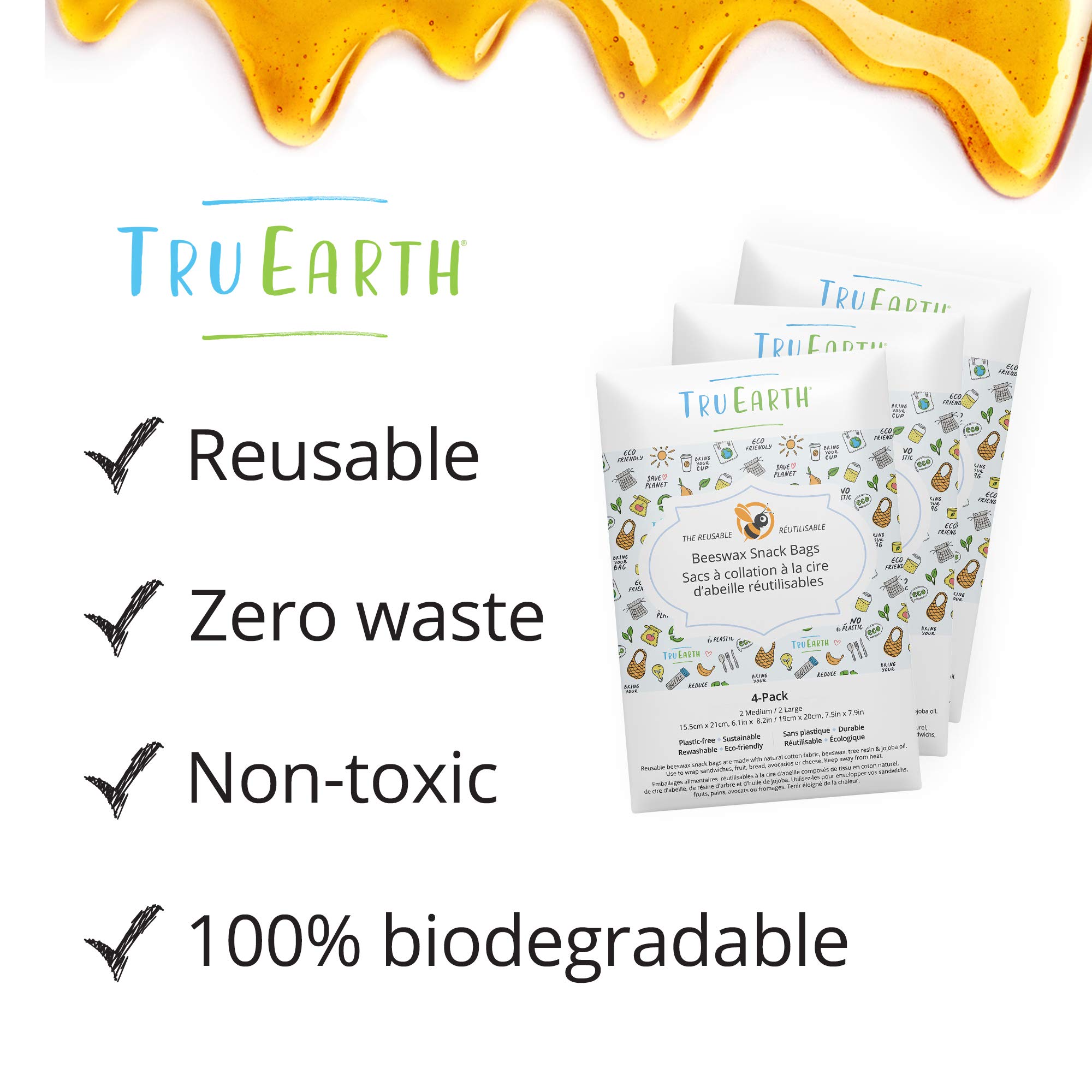 Tru Earth Beeswax Snack Bags | Reusable | Zero-Waste Beeswax | Contains 2 Medium & 2 Large Bags