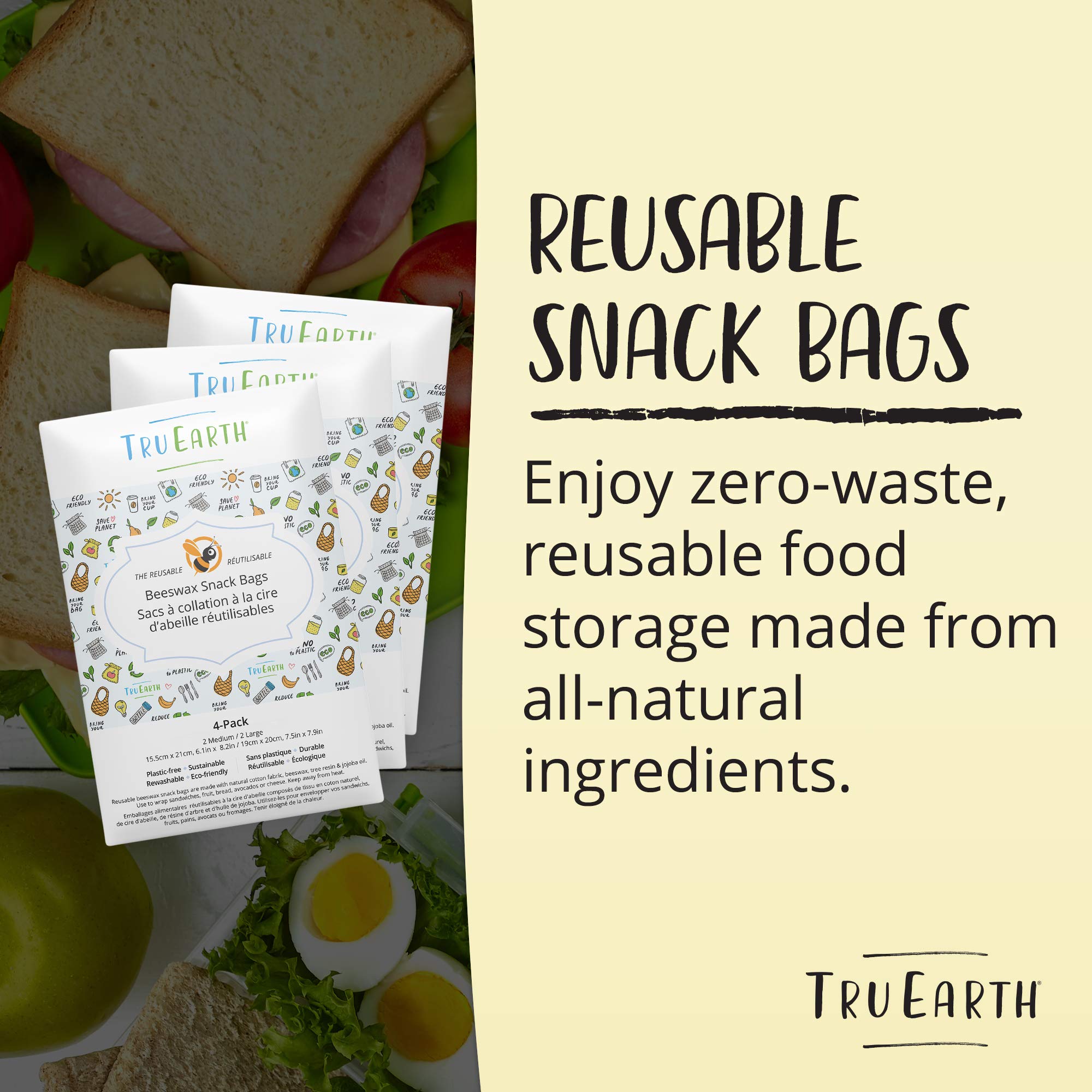 Tru Earth Beeswax Snack Bags | Reusable | Zero-Waste Beeswax | Contains 2 Medium & 2 Large Bags