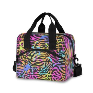 rainbow animal leopard print lunch bag reusable lunch tote bag thermal cooler bag insulated lunch box with adjustable shoulder strap for office school outdoor picnic