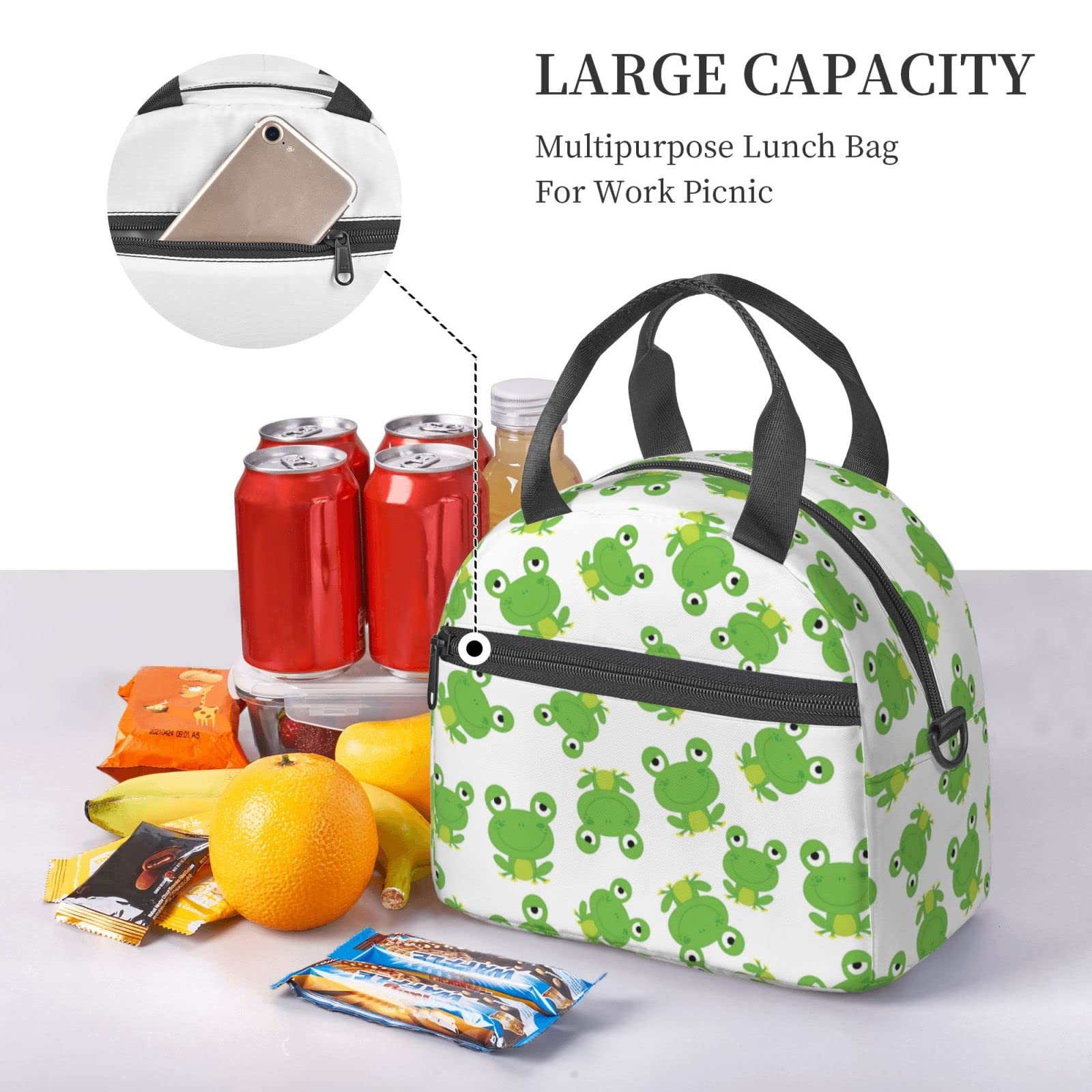 Cute Frog Lunch Bag Reusable Insulated Lunch Tote Bag Lunchbox Container With Adjustable Shoulder Strap For Office Work Picnic Travel