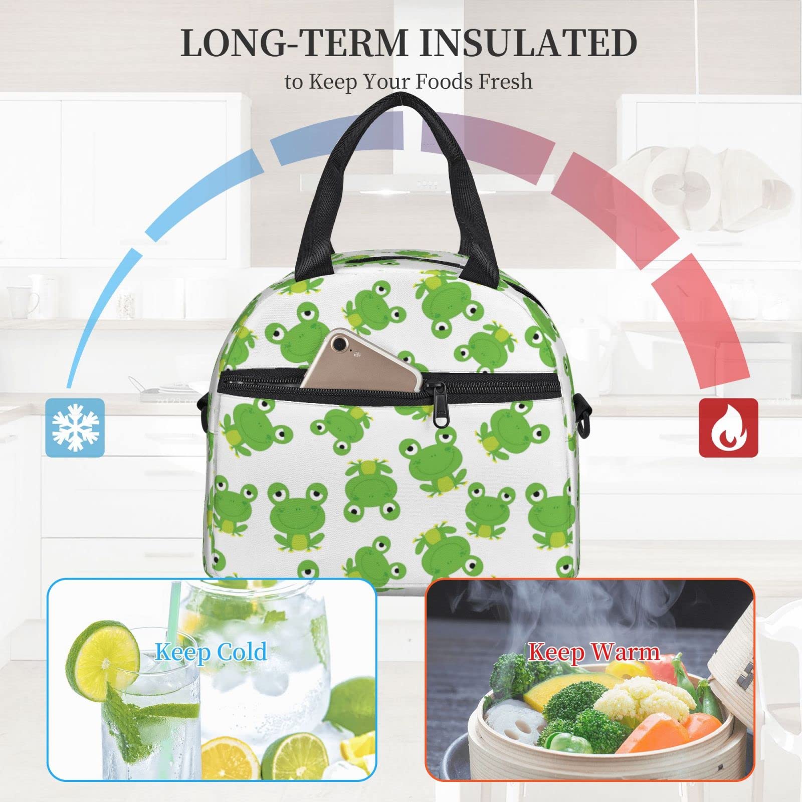 Cute Frog Lunch Bag Reusable Insulated Lunch Tote Bag Lunchbox Container With Adjustable Shoulder Strap For Office Work Picnic Travel