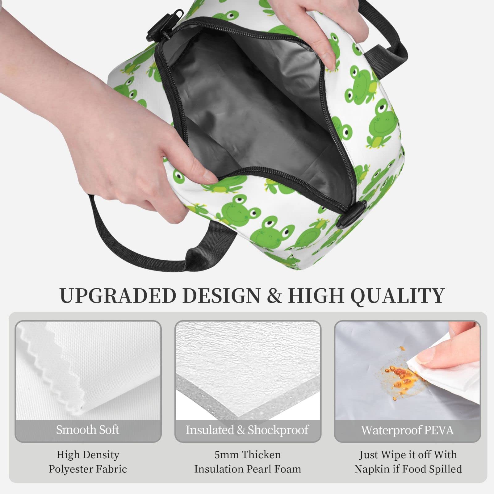 Cute Frog Lunch Bag Reusable Insulated Lunch Tote Bag Lunchbox Container With Adjustable Shoulder Strap For Office Work Picnic Travel