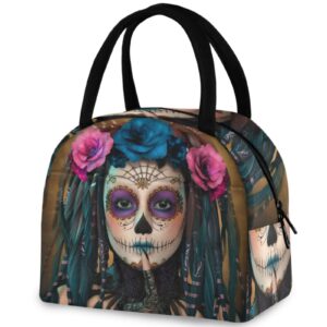 zzwwr trendy girl with sugar skull makeup lunch tote bag with front pocket reusable insulated thermal zipper closure cooler container bag for school work picnic travel fishing beach