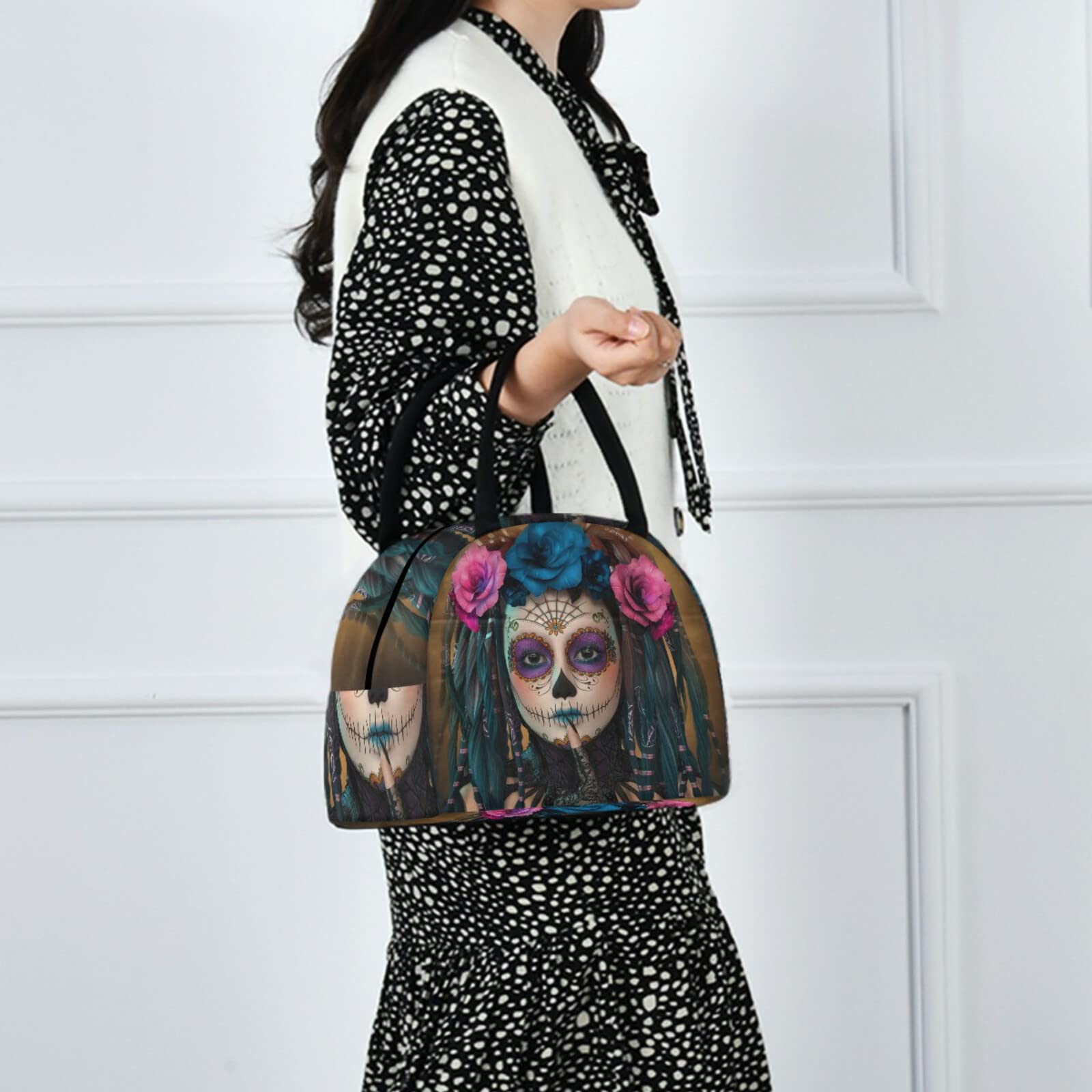 ZzWwR Trendy Girl with Sugar Skull Makeup Lunch Tote Bag with Front Pocket Reusable Insulated Thermal Zipper Closure Cooler Container Bag for School Work Picnic Travel Fishing Beach