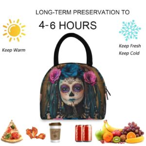 ZzWwR Trendy Girl with Sugar Skull Makeup Lunch Tote Bag with Front Pocket Reusable Insulated Thermal Zipper Closure Cooler Container Bag for School Work Picnic Travel Fishing Beach