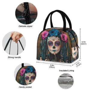 ZzWwR Trendy Girl with Sugar Skull Makeup Lunch Tote Bag with Front Pocket Reusable Insulated Thermal Zipper Closure Cooler Container Bag for School Work Picnic Travel Fishing Beach