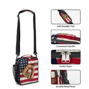 Vintage Baseball Insulated Lunch Box Kids Lunch Bags, Baseball American Flag Reusable Lunch Tote Bag Thermal Cooler Meal Bag with Shoulder Strap for Women Men Boys Girls