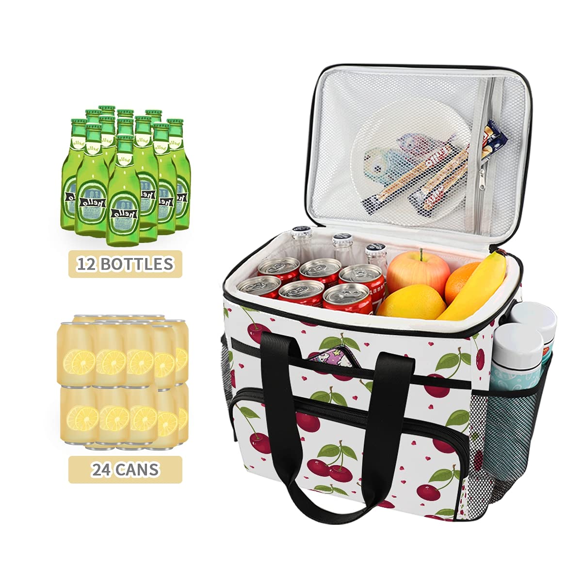 HMZXZ Large Cooler Lunch Bag Cute Cherry Pattern 24-Can (15L) Insulated Lunch Box Soft Leakproof Cooler Cooling Tote Bag for Adult Men Women Camping, Picnic, BBQ