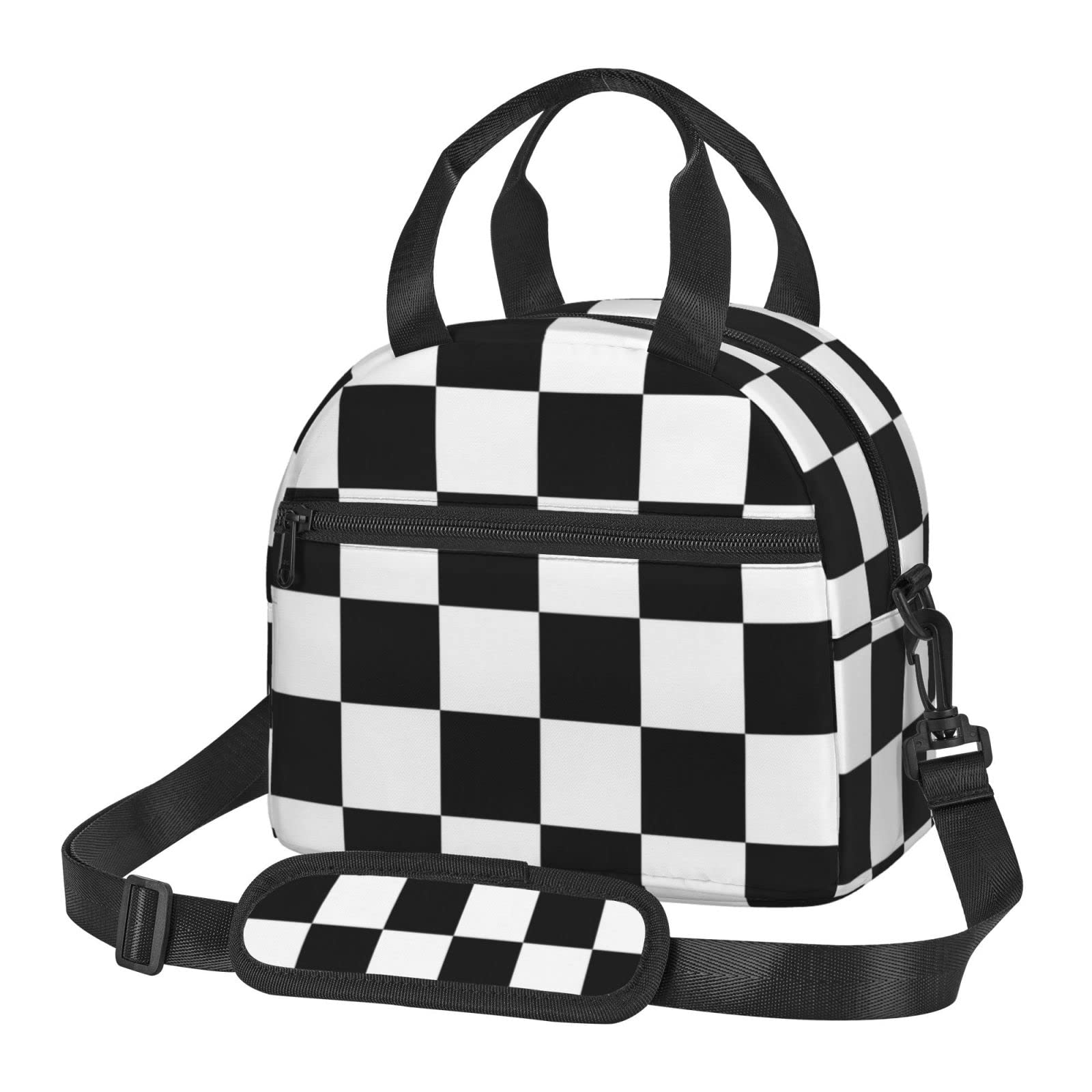 Bagea-Ka Black White Race Checkered Flag Pattern Lunch Bag for Women Men Insulated Reusable Lunch Box Cooler Tote Bag with Removable Shoulder Strap for Office Work School Picnic Beach