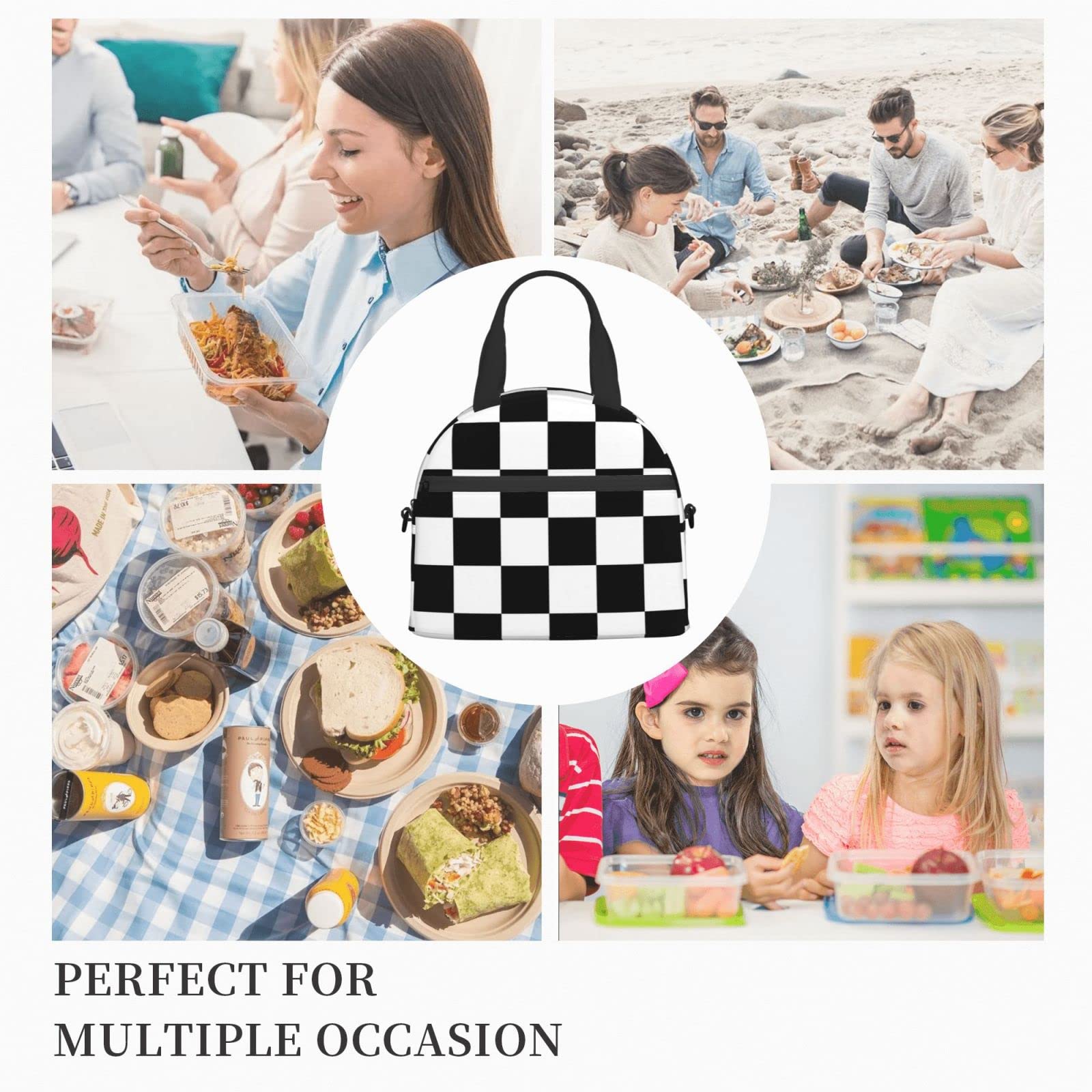 Bagea-Ka Black White Race Checkered Flag Pattern Lunch Bag for Women Men Insulated Reusable Lunch Box Cooler Tote Bag with Removable Shoulder Strap for Office Work School Picnic Beach