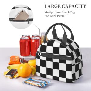 Bagea-Ka Black White Race Checkered Flag Pattern Lunch Bag for Women Men Insulated Reusable Lunch Box Cooler Tote Bag with Removable Shoulder Strap for Office Work School Picnic Beach