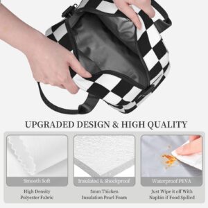 Bagea-Ka Black White Race Checkered Flag Pattern Lunch Bag for Women Men Insulated Reusable Lunch Box Cooler Tote Bag with Removable Shoulder Strap for Office Work School Picnic Beach