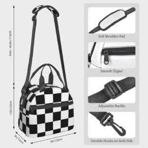 Bagea-Ka Black White Race Checkered Flag Pattern Lunch Bag for Women Men Insulated Reusable Lunch Box Cooler Tote Bag with Removable Shoulder Strap for Office Work School Picnic Beach