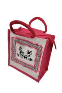 festivevibe- burlap bags with handles| jute bag with warli print | jute bag | jute lunch bag | printed jute bags|return red yellow orange green blue