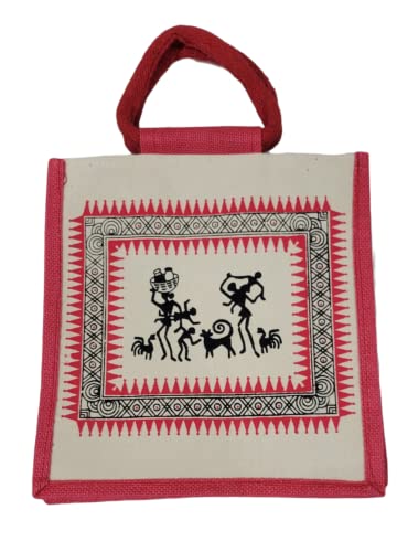 FestiveVibe- Burlap bags with handles| Jute Bag with Warli print | Jute Bag | Jute Lunch Bag | Printed Jute Bags|Return Red Yellow Orange Green Blue