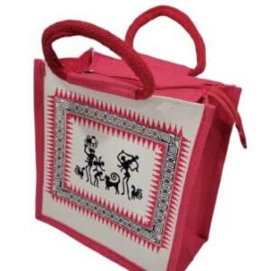 FestiveVibe- Burlap bags with handles| Jute Bag with Warli print | Jute Bag | Jute Lunch Bag | Printed Jute Bags|Return Red Yellow Orange Green Blue