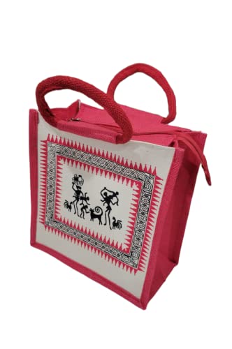 FestiveVibe- Burlap bags with handles| Jute Bag with Warli print | Jute Bag | Jute Lunch Bag | Printed Jute Bags|Return Red Yellow Orange Green Blue