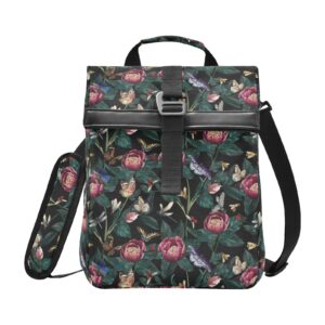 alaza peony flower leaves dragonfly butterfly insulated lunch bag women men roll-top portable reusable cooler lunch tote bag for work office picnic college