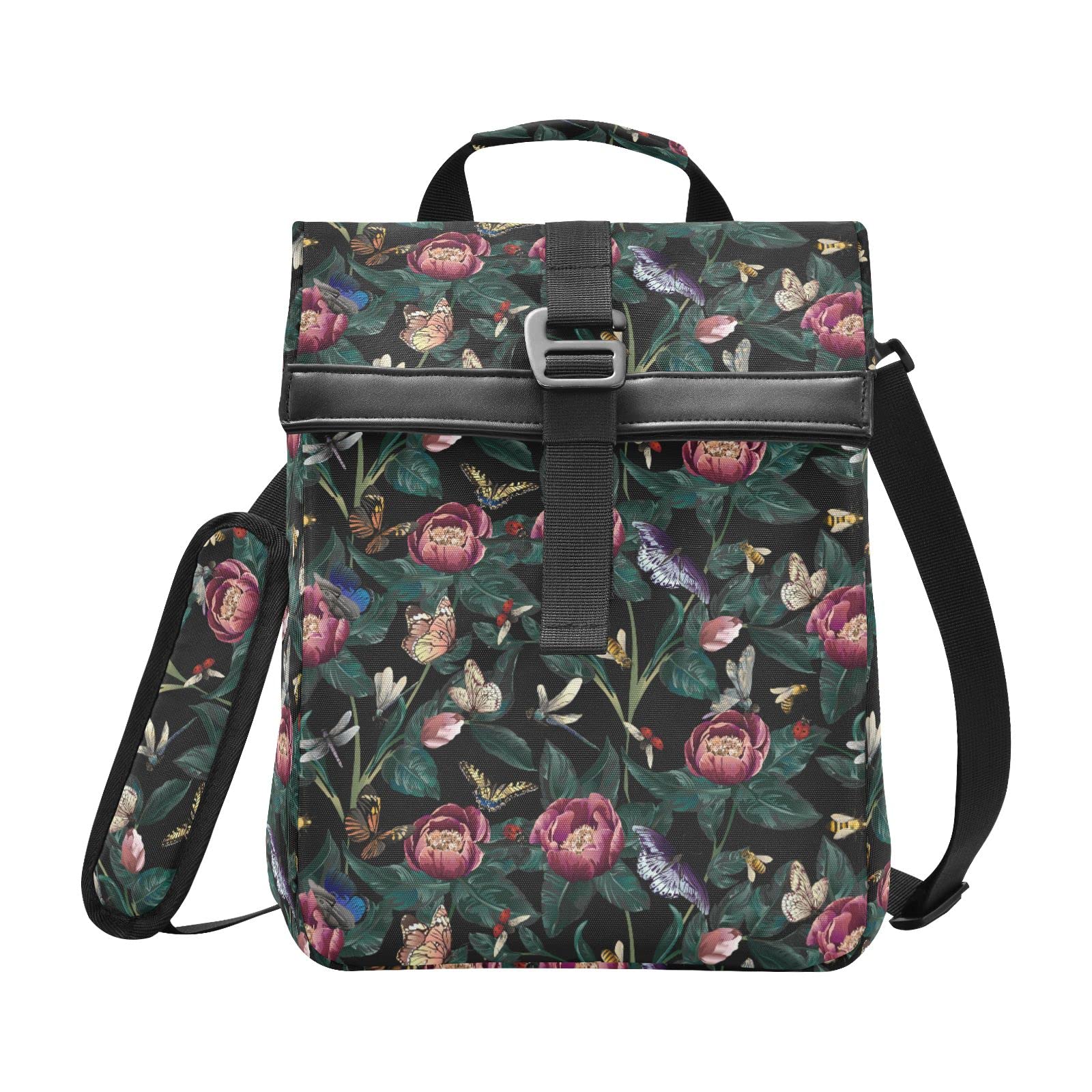 ALAZA Peony Flower Leaves Dragonfly Butterfly Insulated Lunch Bag Women Men Roll-Top Portable Reusable Cooler Lunch Tote Bag for Work Office Picnic College