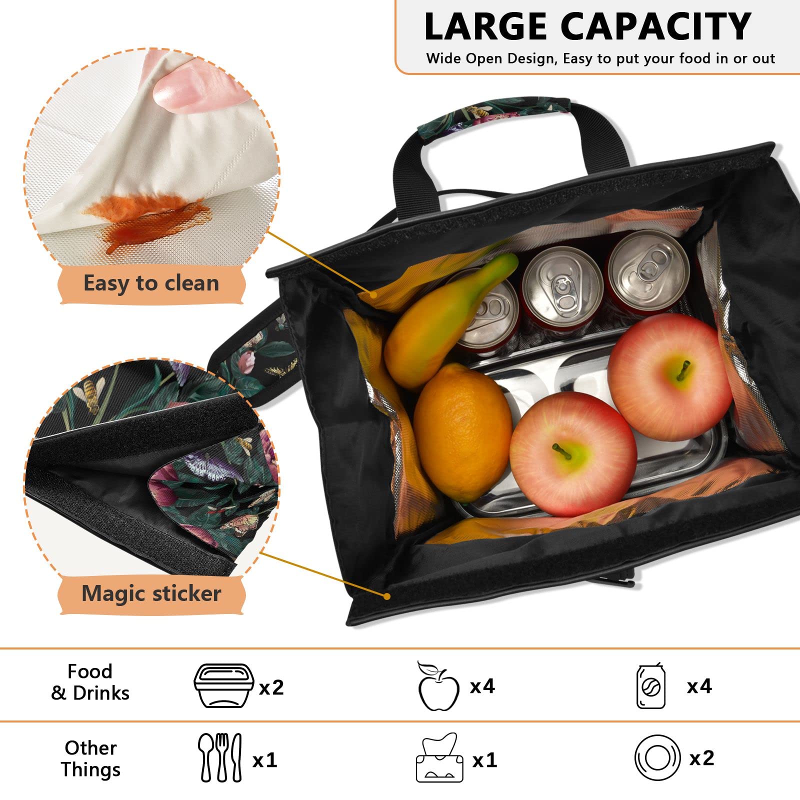 ALAZA Peony Flower Leaves Dragonfly Butterfly Insulated Lunch Bag Women Men Roll-Top Portable Reusable Cooler Lunch Tote Bag for Work Office Picnic College