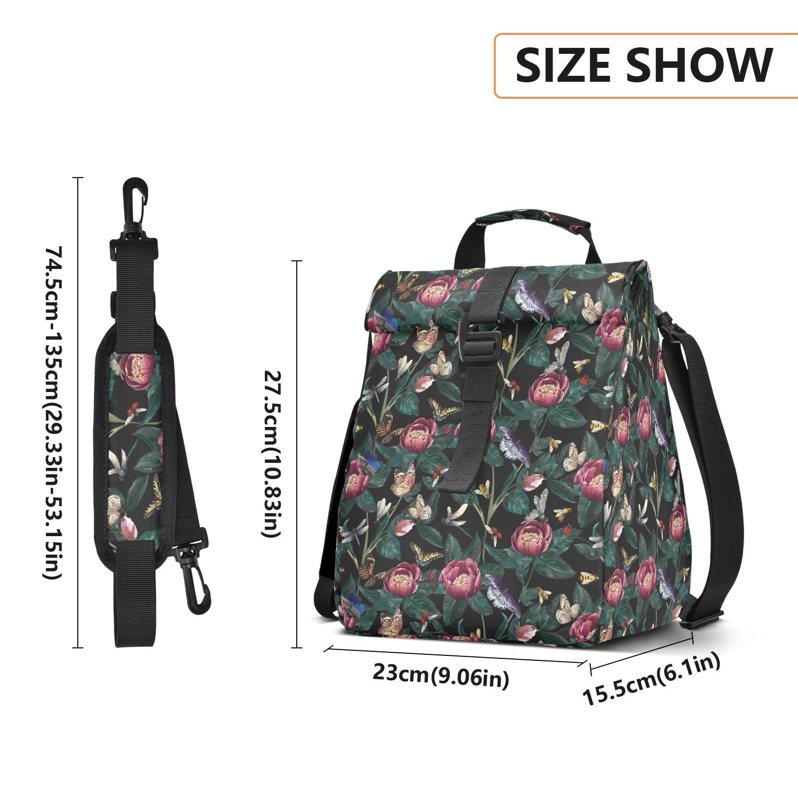 ALAZA Peony Flower Leaves Dragonfly Butterfly Insulated Lunch Bag Women Men Roll-Top Portable Reusable Cooler Lunch Tote Bag for Work Office Picnic College