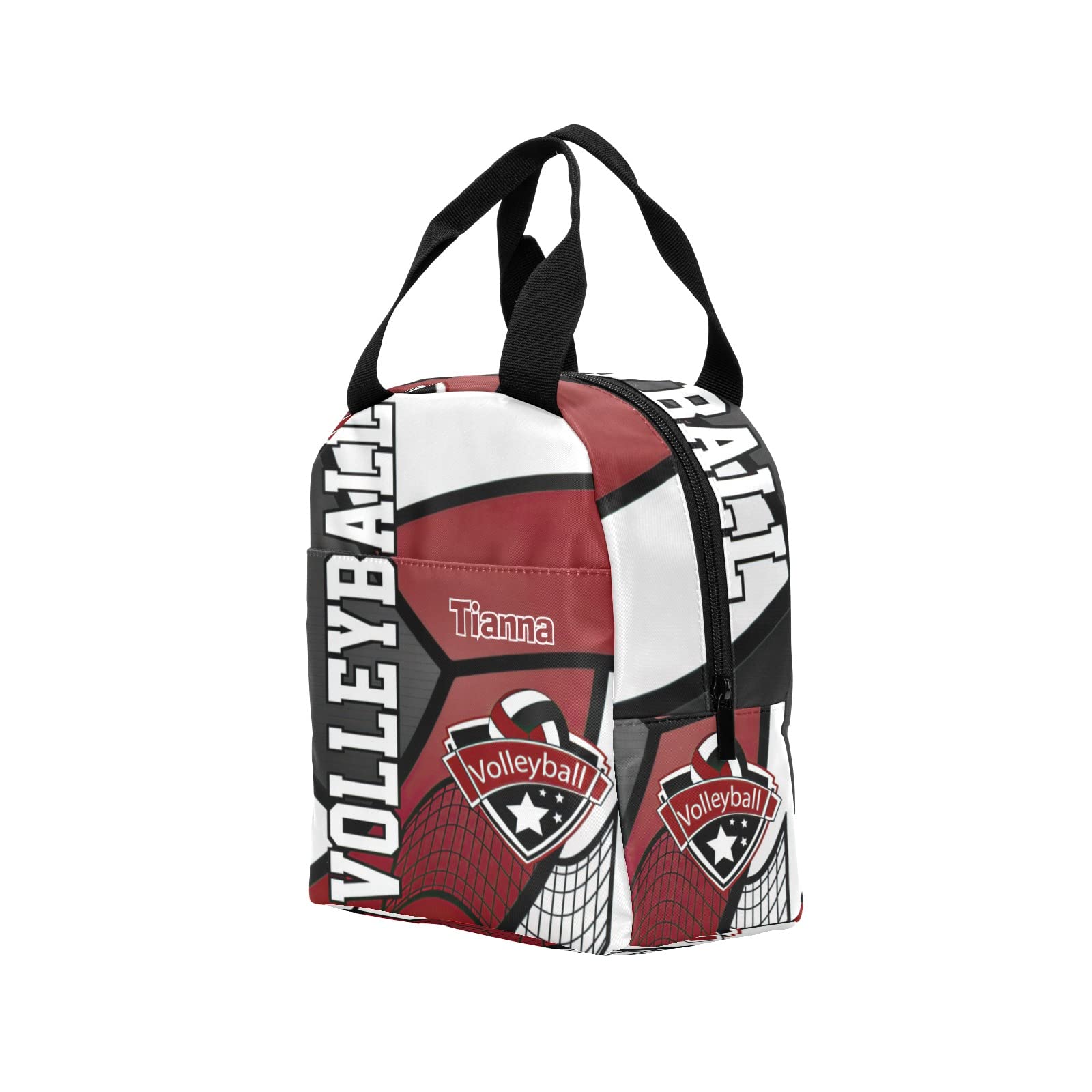 Volleyball Red White Black Reusable Insulated Neoprene Lunch Tote Bag Cooler with 2 Pockets Custom Personalized Portable Lunchbox Handbag with Name for Gift