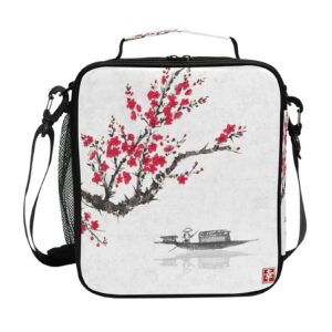 auuxva japanese cherry blossom flower insulated lunch box bags for women men kids girls tote crossbody thermal lunch container food carrier