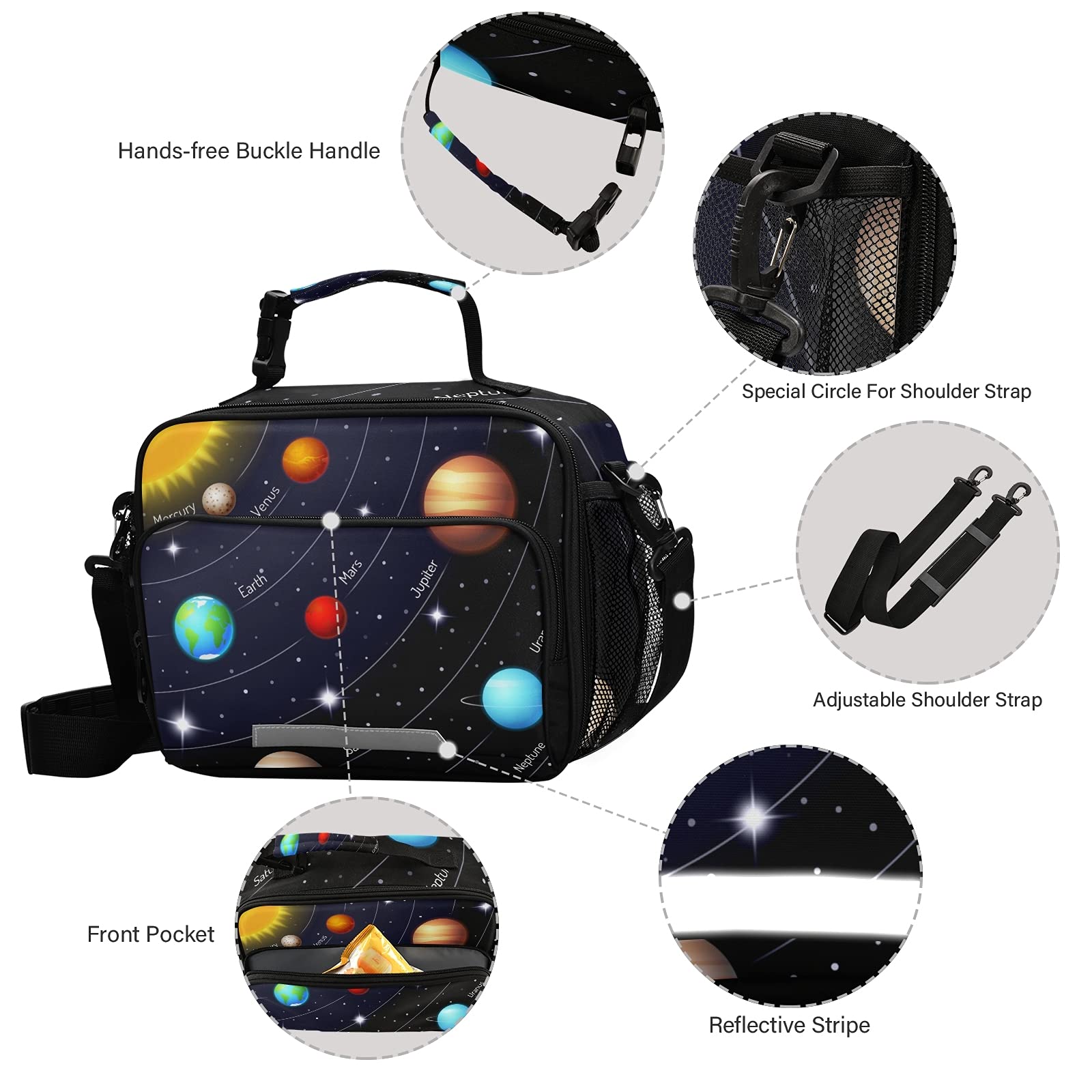 Sinestour Insulated Lunch Bag Colorful Solar System Lunch Box Container with Detachable Shoulder Strap Lunch Box Container for Kids/Adult