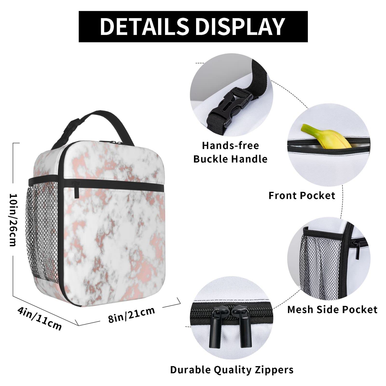 KiuLoam Insulated Lunch Box Marble Rose Gold Texture Reusable Lunch Bag With Shoulder Strap For Women/Men/Girls/Boys Lunchbox Meal Tote Bag