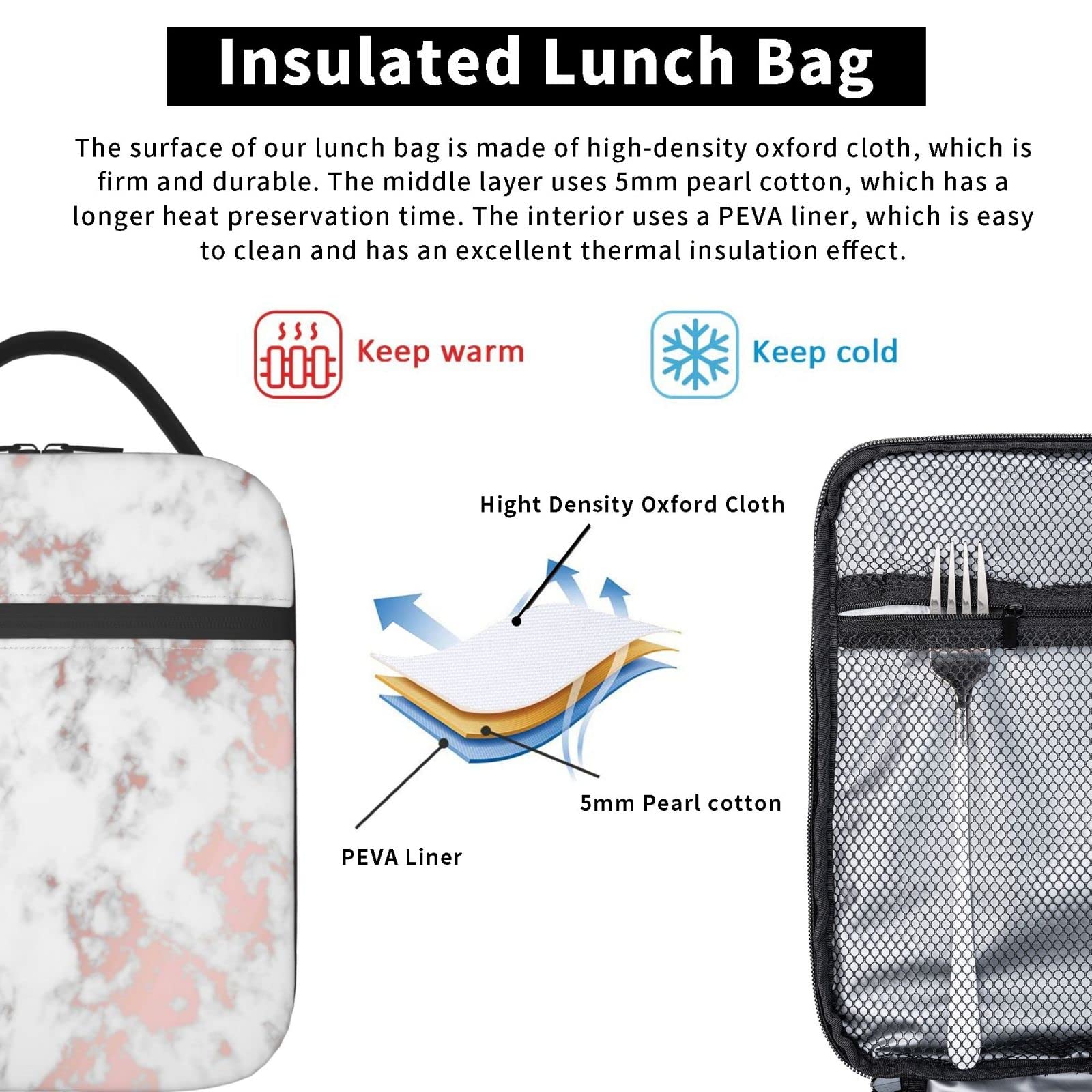 KiuLoam Insulated Lunch Box Marble Rose Gold Texture Reusable Lunch Bag With Shoulder Strap For Women/Men/Girls/Boys Lunchbox Meal Tote Bag