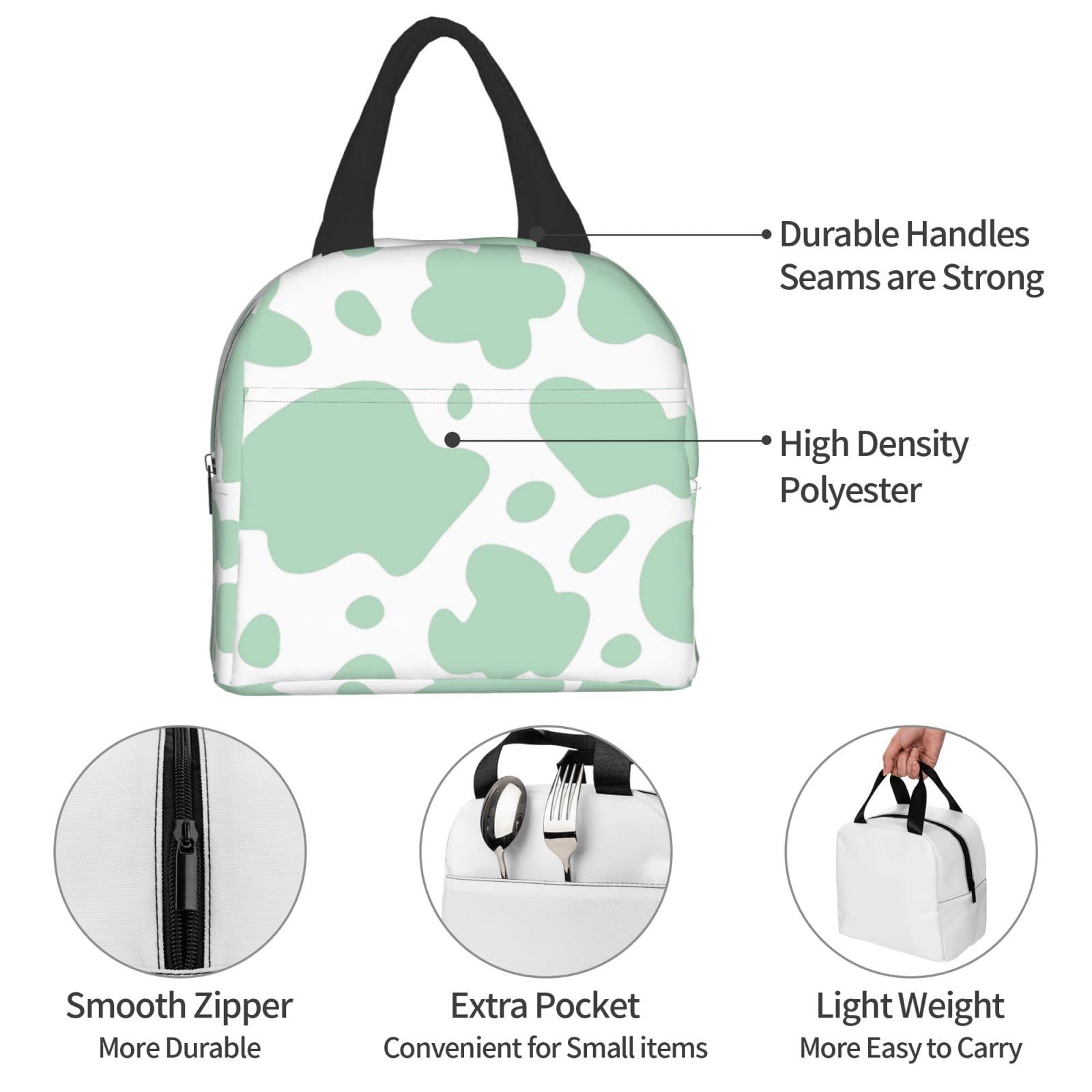 Senheol Mint Green Cow Animal Lunch Box, Insulation Lunch Bag for Women Men, Reusable Lunch Tote Bags Perfect for Office Camping Hiking Picnic Beach Travel