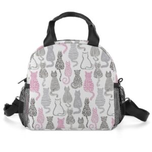 lunch box women boys girls grey pink cats lunch bag insulated thermos tote with water bottle holder & removable shoulder strap for back to school travel work