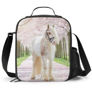 prelerdiy white horse lunch box - insulated lunch box for kids with side pocket & shoulder strap lunch bag, perfect for school/camping/hiking/picnic/beach/travel