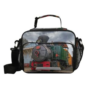 Exnundod Vintage Steam Locomotive Lunch Bag Train Station Reusable Insulated Bag Cooler Lunch Tote with Bottle Holder Adjuster Shoulder Strape Durable for Men Women Kids Adults