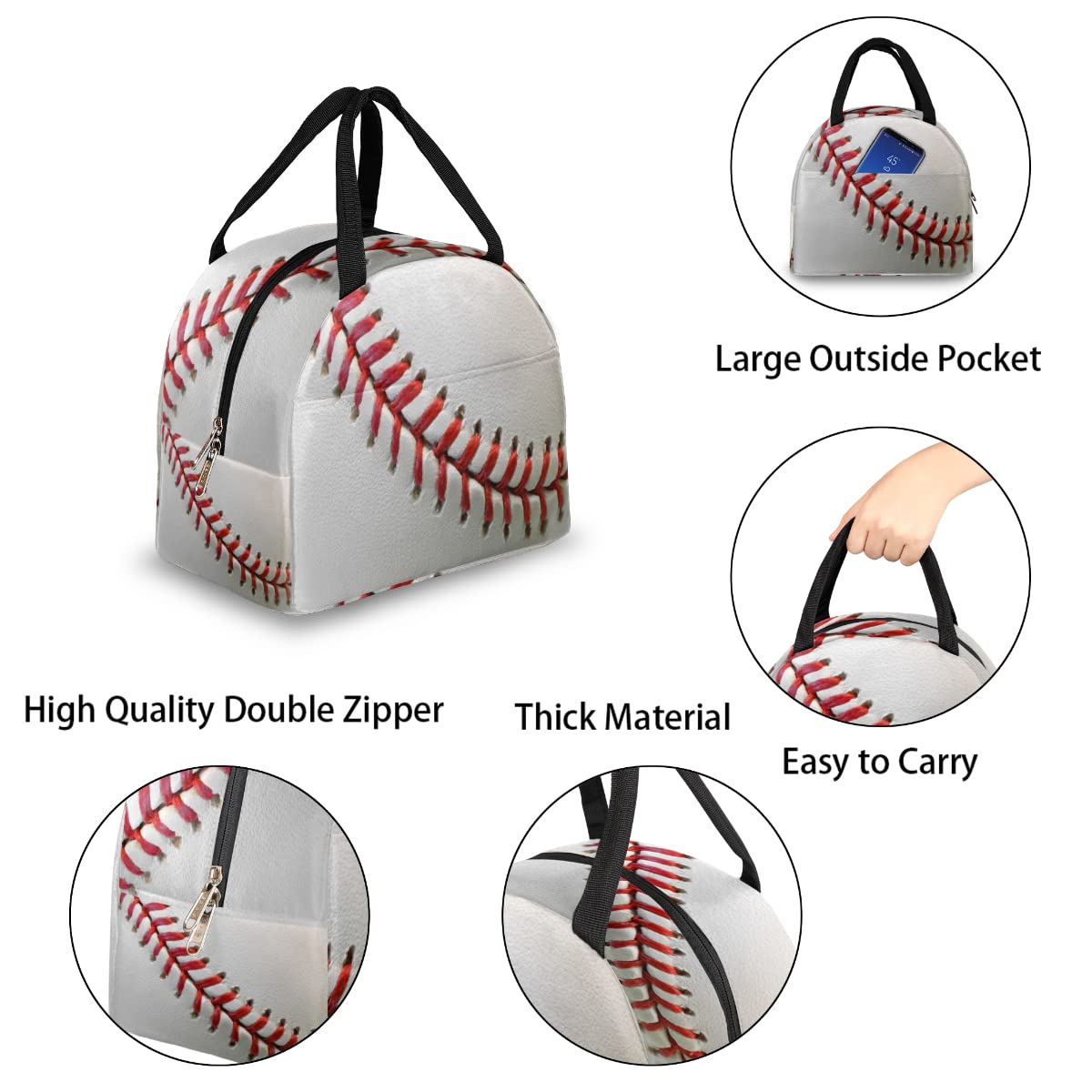 Insulated Lunch Bag for Women Men, 3D Baseball Stitch Tote Lunch Box for Adult Portable Reusable Cooler Meal Prep Organizer for Work Picnic Office Travel Beach