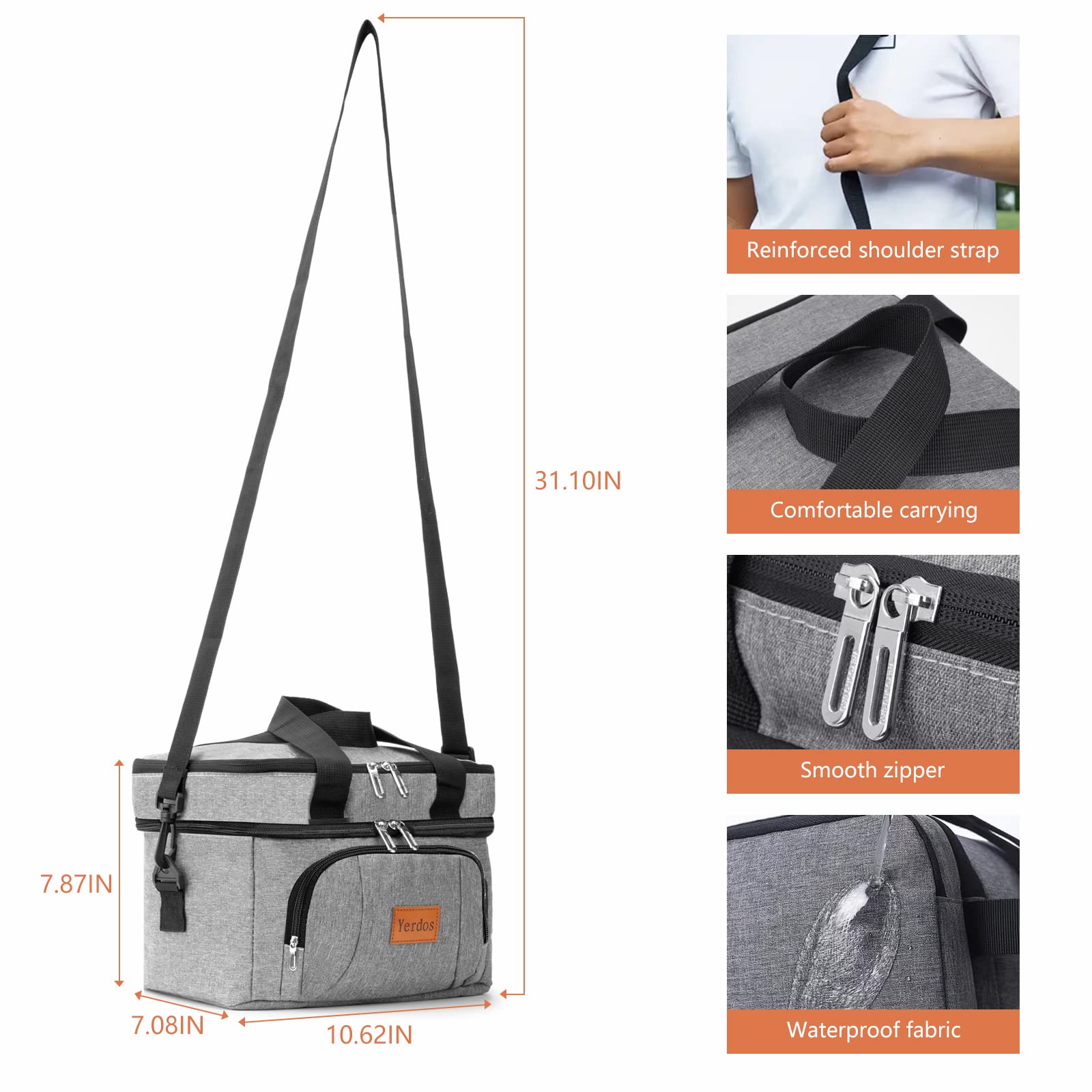 Yerdos Lunch Bag Women Insulated Lunch Box for Men, Light Durable Tote Bag with Adjustable Shoulder Strap for Office Work Picnic Hiking Beach Fishing-(Dark Grey)