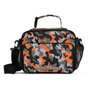 qilmy black orange camo lunch bag insulated waterproof reusable lunch tote bag with detachable shoulder strap, zipper lunch box for school office travel picnic