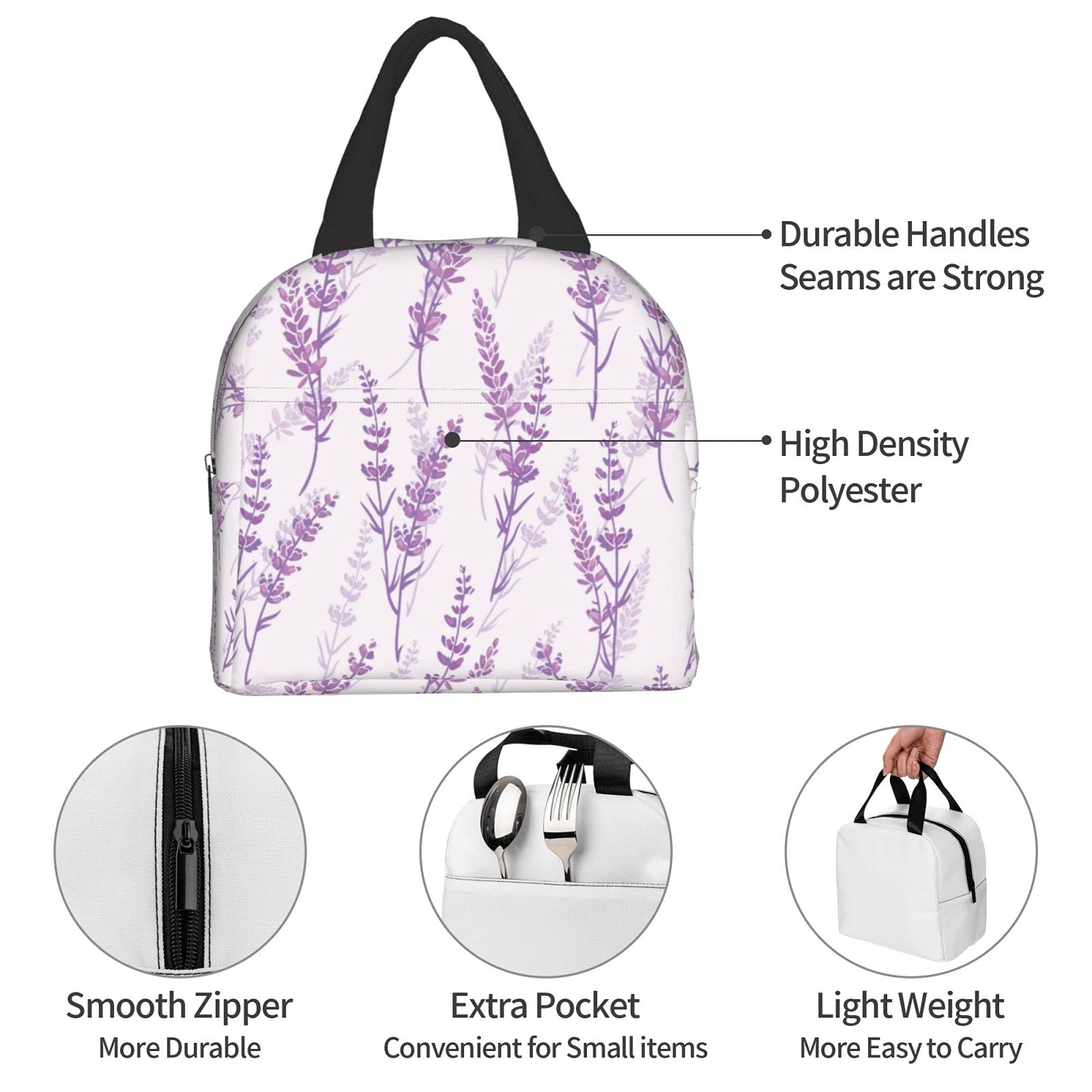 Carati Lavender Floral Purple Lunch Bag, Waterproof, Reusable, Durable