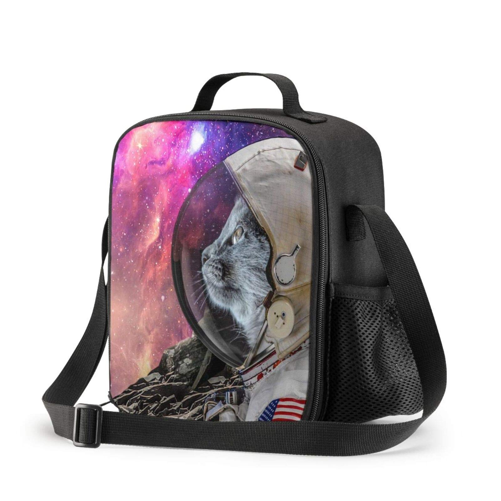 PrelerDIY Space Cat Lunch Box - Insulated Lunch Box for Kids with Side Pocket & Shoulder Strap Lunch Bag, Perfect for School/Camping/Hiking/Picnic/Beach/Travel