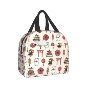 insulated lunch bag reusable lunch box, cooler lunch tote bag with front pocket for girls boys women men picnic office work, asian cats print