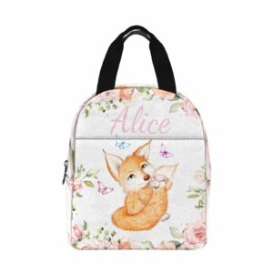 interestprint custom text lunch bag cute fox and rabbit personalized name lunchbox tote bag gift for daughter niece granddaughter birthday