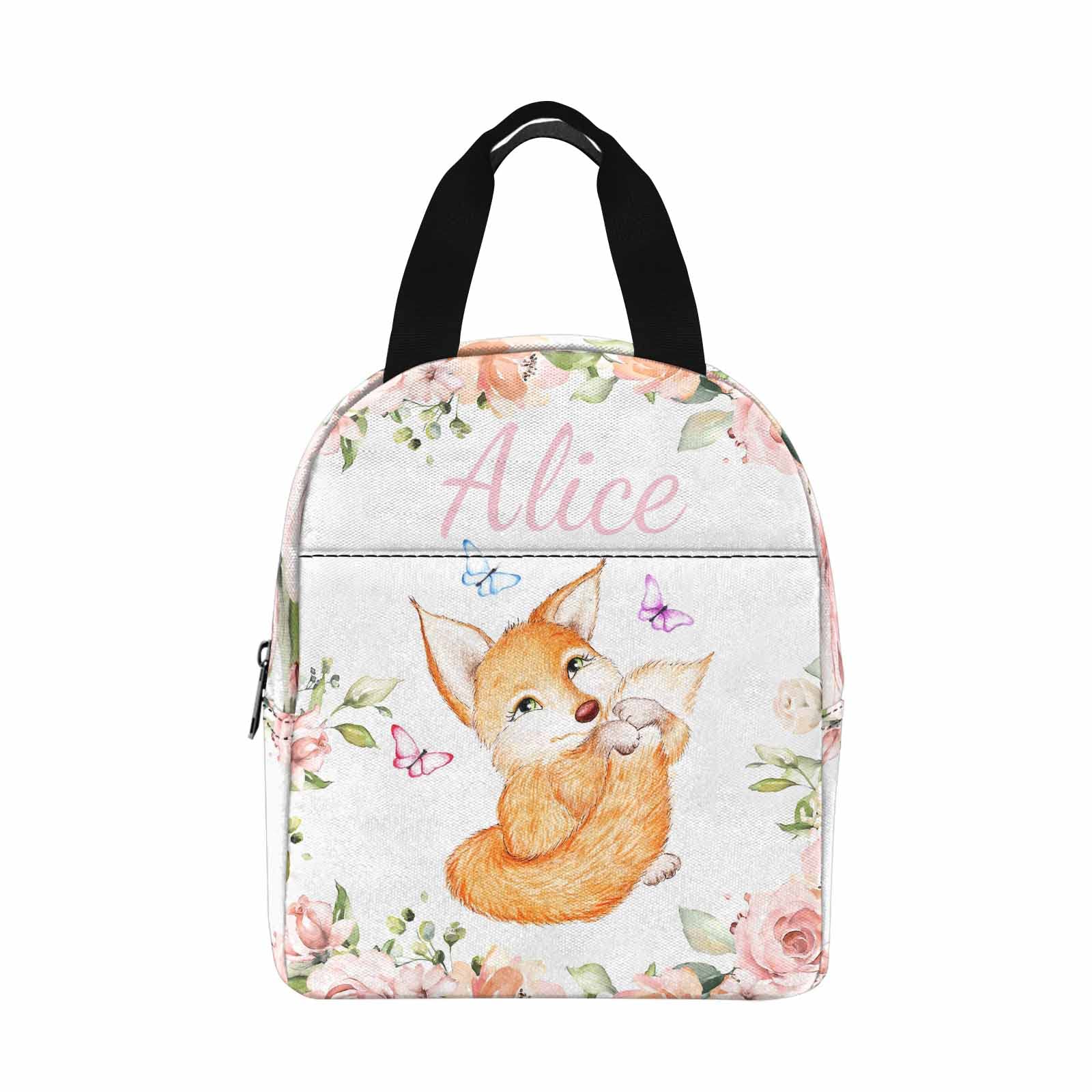 InterestPrint Custom Text Lunch Bag Cute Fox And Rabbit Personalized Name Lunchbox Tote Bag Gift for Daughter Niece Granddaughter Birthday