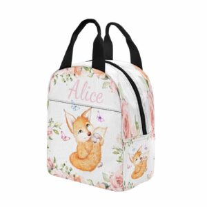 InterestPrint Custom Text Lunch Bag Cute Fox And Rabbit Personalized Name Lunchbox Tote Bag Gift for Daughter Niece Granddaughter Birthday