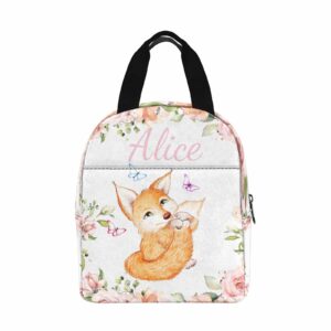 InterestPrint Custom Text Lunch Bag Cute Fox And Rabbit Personalized Name Lunchbox Tote Bag Gift for Daughter Niece Granddaughter Birthday