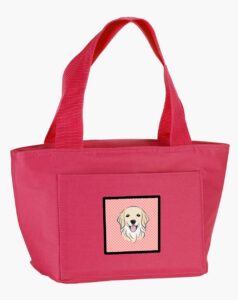 caroline's treasures bb1205pk-8808 checkerboard pink golden retriever lunch bag insulated lunch box tote bag for women adult men, reusable, large, pink