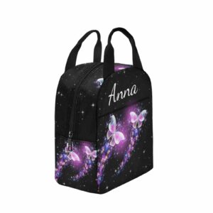 InterestPrint Custom Name Lunch Bag For Men Women Pink Blue Butterfly Personalized Text Cooler Lunch Box Portable Reusable Lunch Bag Gift for Workout Camping Travel