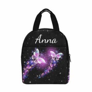 InterestPrint Custom Name Lunch Bag For Men Women Pink Blue Butterfly Personalized Text Cooler Lunch Box Portable Reusable Lunch Bag Gift for Workout Camping Travel